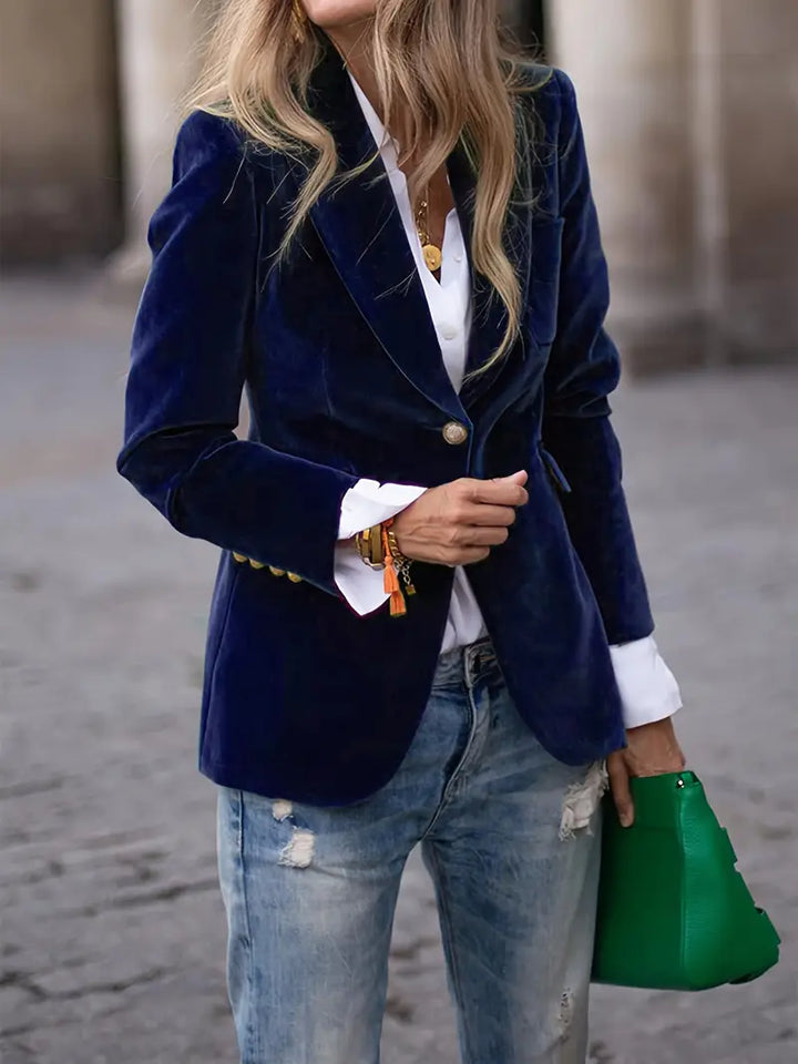 Damen Kurze Samt-Jacke klassisch und vielseitig in Blau