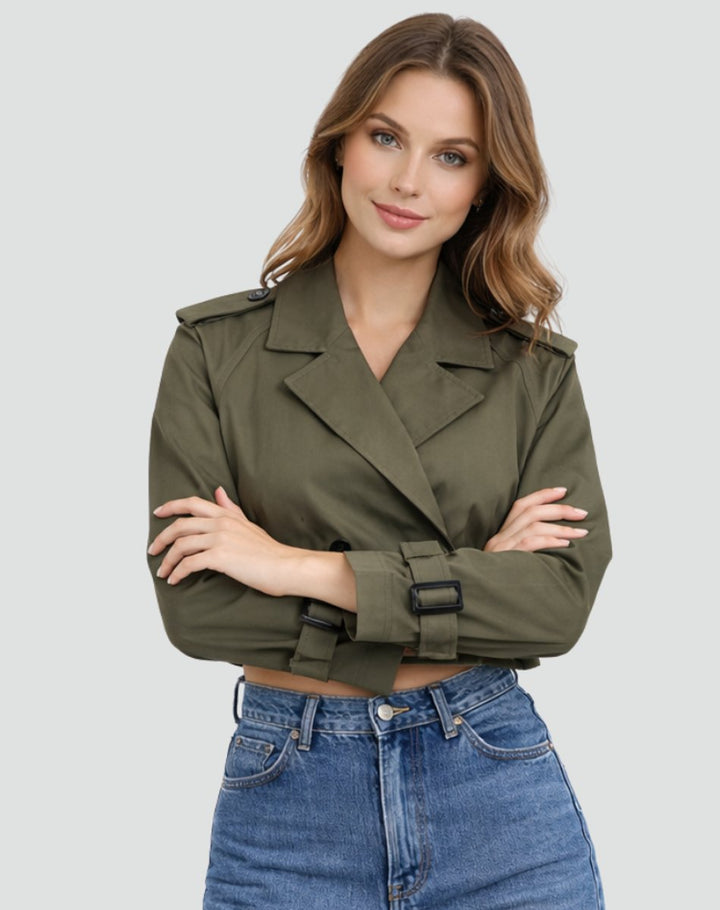 Damen Kurze Trench-Jacke für den Herbst in Army Green
