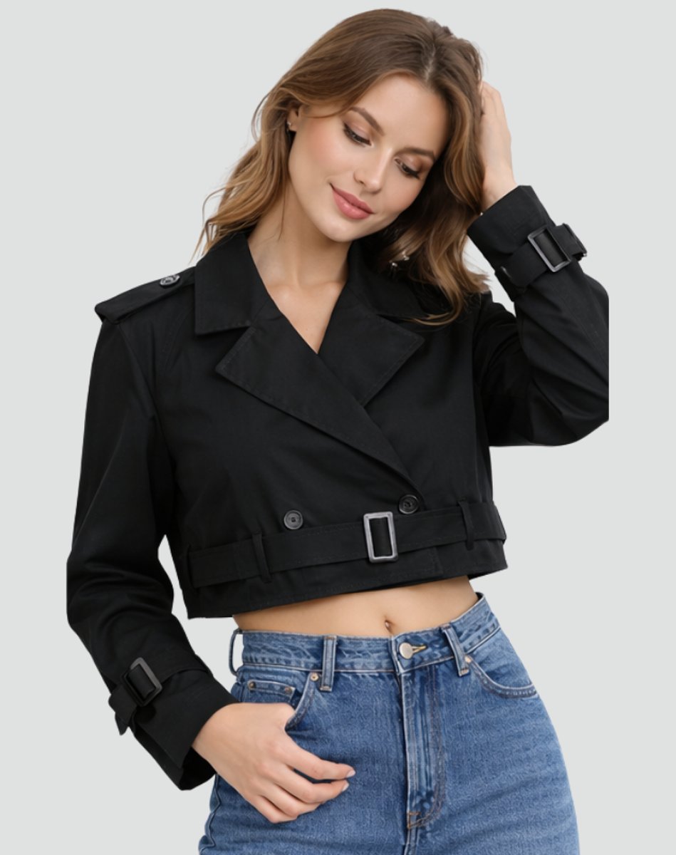 Damen Kurze Trench-Jacke für den Herbst in Schwarz