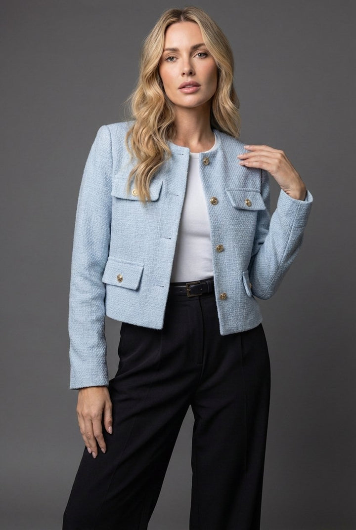 Damen Kurze Tweed Jacke im klassischen Stil in Hellblau