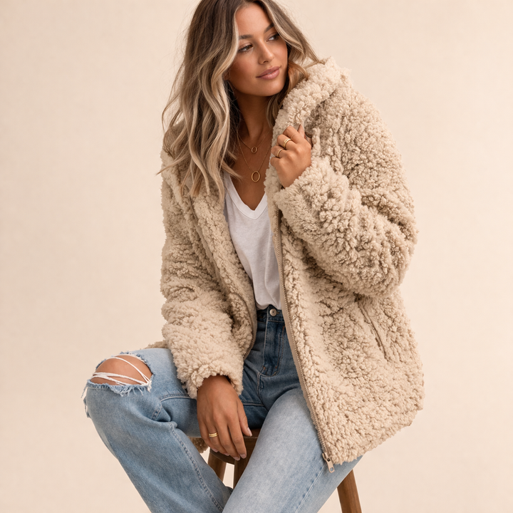 Damen Kuschelige Oversized Jacke für Herbst in Beige