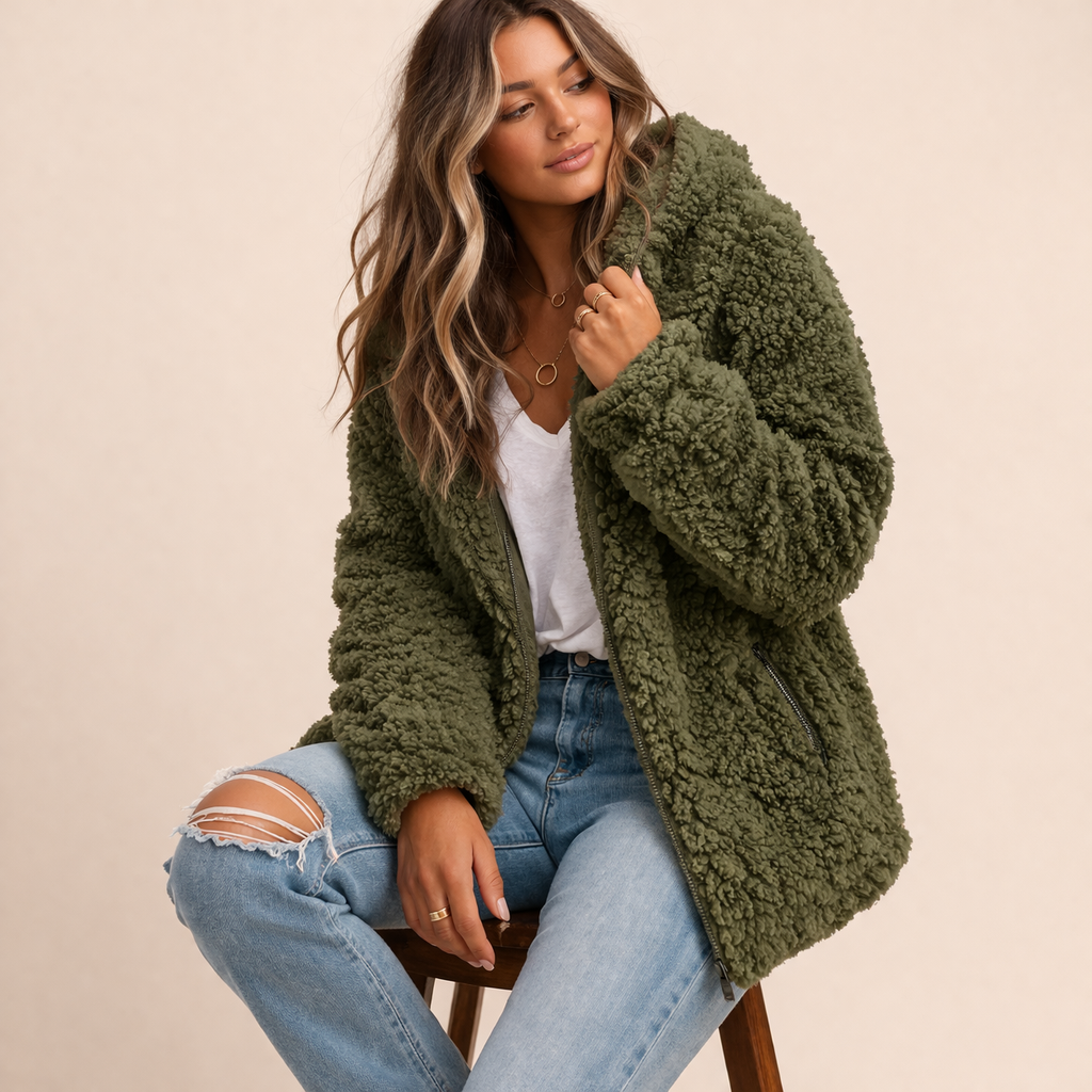 Damen Kuschelige Oversized Jacke für Herbst in Grün