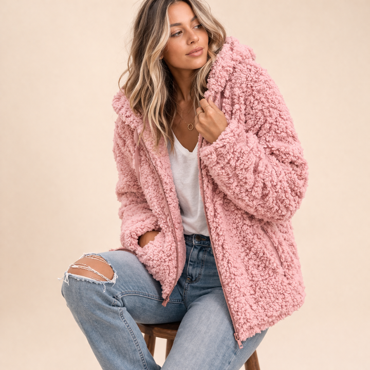 Damen Kuschelige Oversized Jacke für Herbst in Rosa