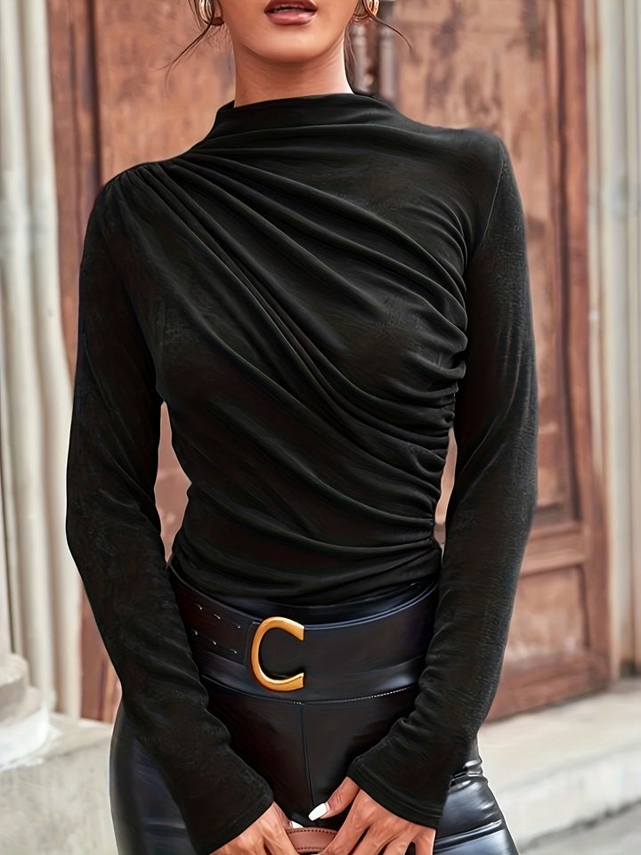 Damen Langarm-Bluse mit Stehkragen und diagonaler Raffung (3)