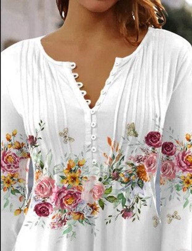 Damen Langarm Bluse Romantischer Blütendruck