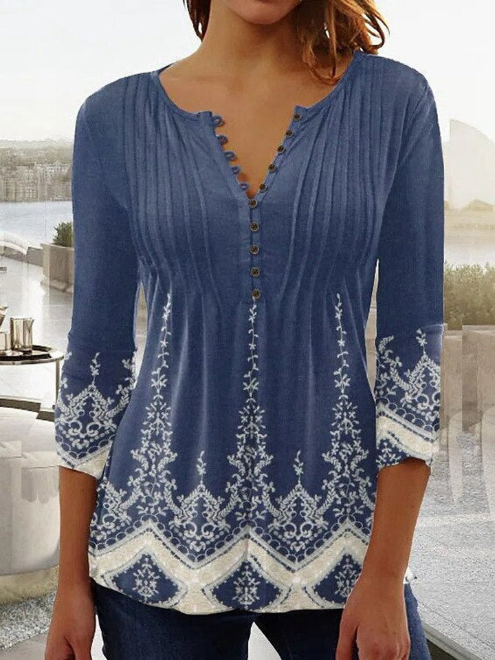 Damen Langarm Bluse Romantischer Blütendruck in Blau