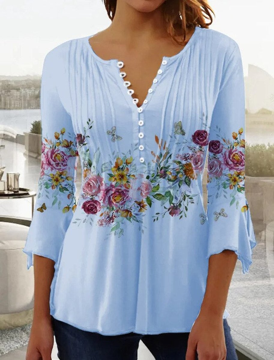 Damen Langarm Bluse Romantischer Blütendruck in Hellblau
