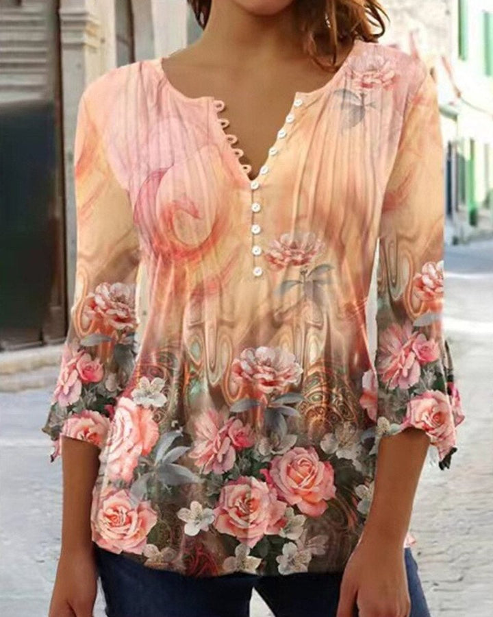 Damen Langarm Bluse Romantischer Blütendruck in Orange