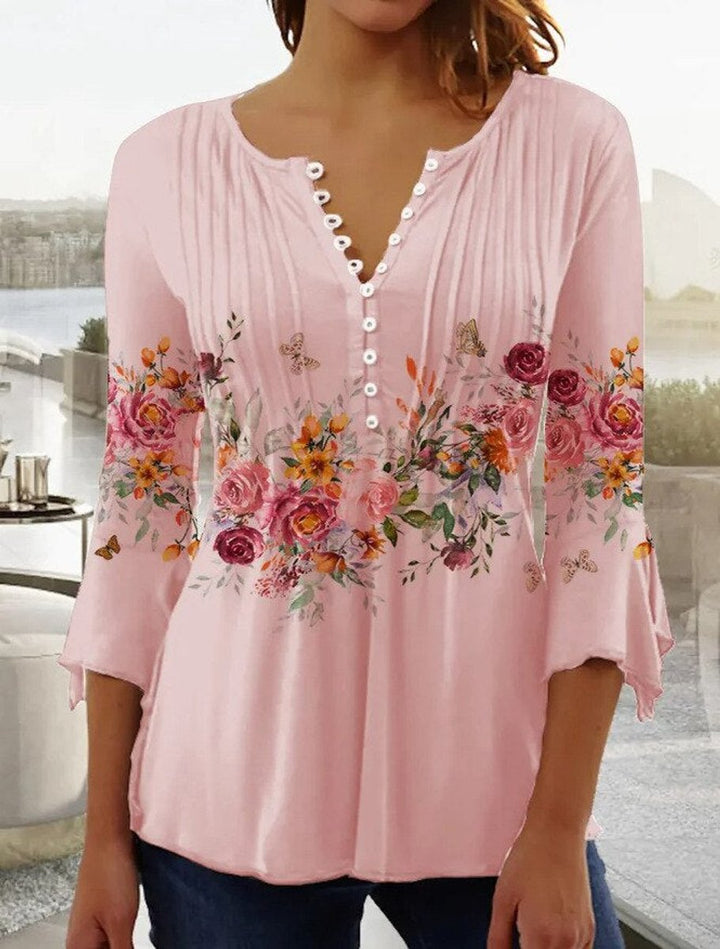 Damen Langarm Bluse Romantischer Blütendruck in Rosa
