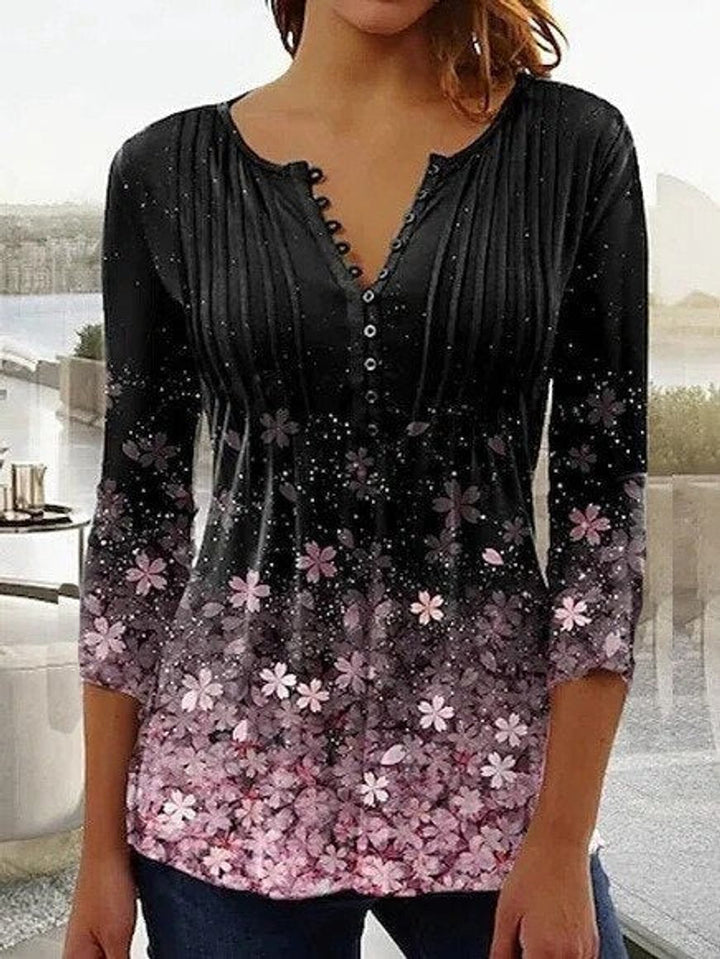 Damen Langarm Bluse Romantischer Blütendruck in Schwarz