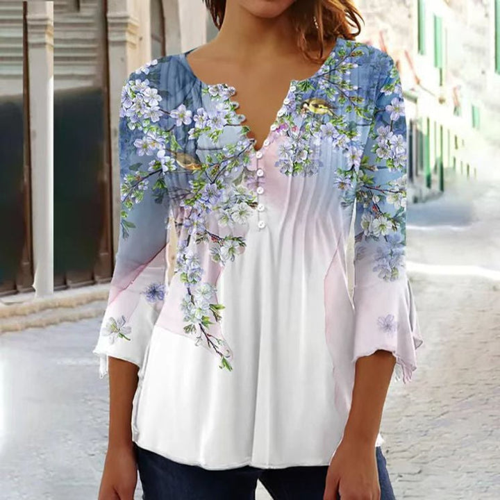 Damen Langarm Bluse Romantischer Blütendruck in Weiß-Blau