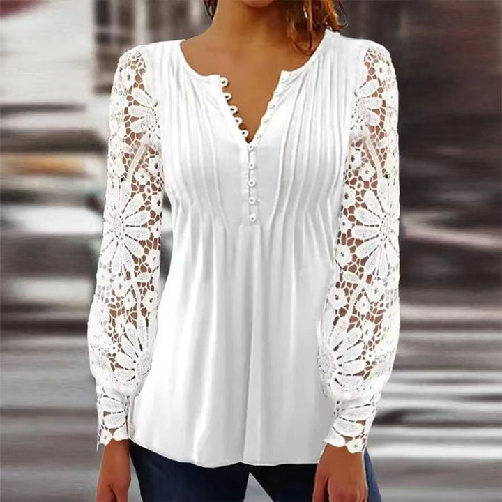 Damen Langarm Bluse Romantischer Blütendruck in Weiß