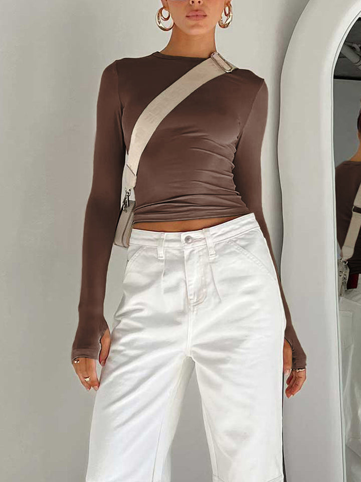 Damen Langarm Crop Top für Sommer in Braun