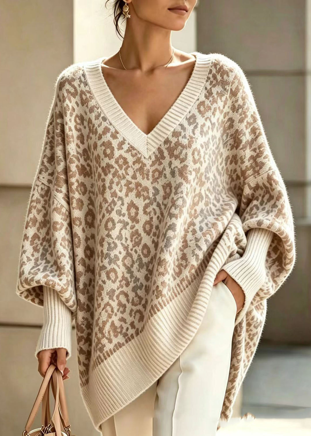 Damen Langarm-Strickjacke mit lockerer Passform in Aprikose