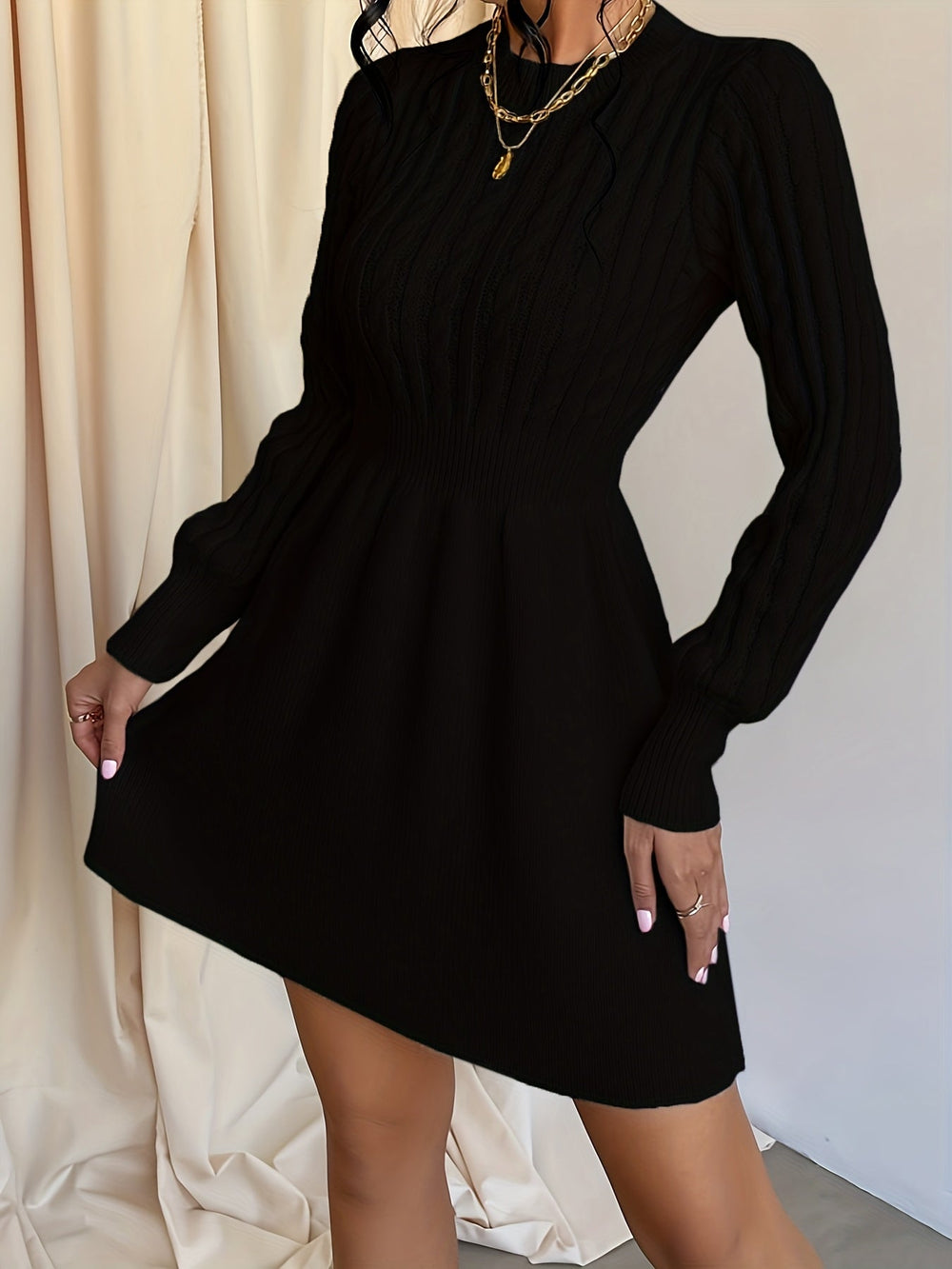 Damen Langarm Strickkleid mit Zopfmuster (2)