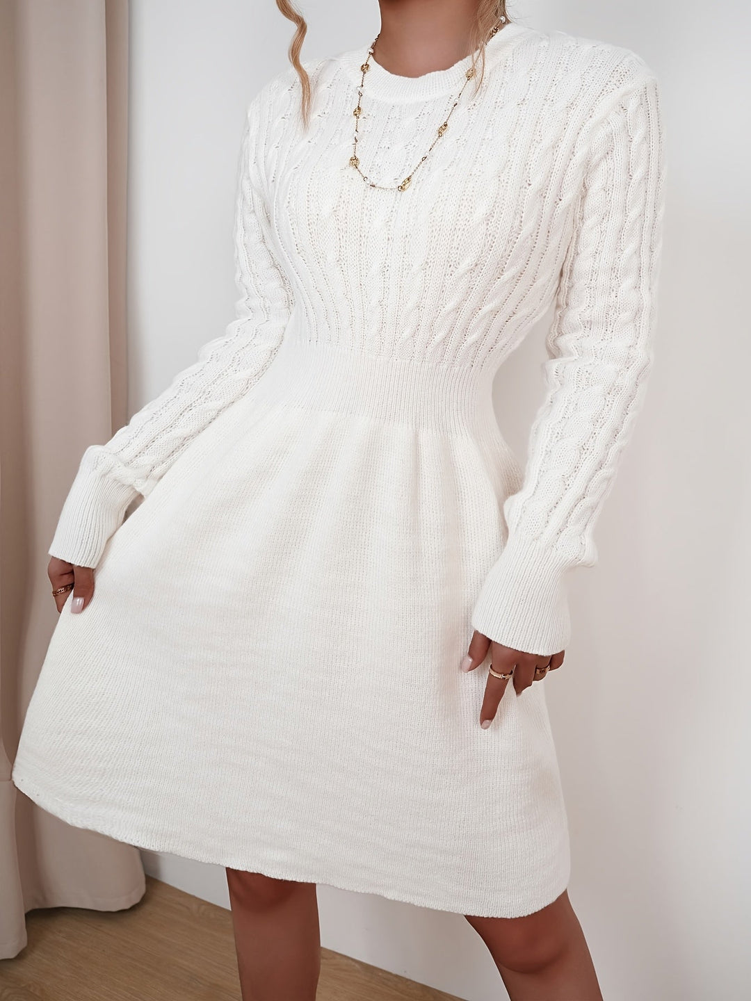 Damen Langarm Strickkleid mit Zopfmuster (6)