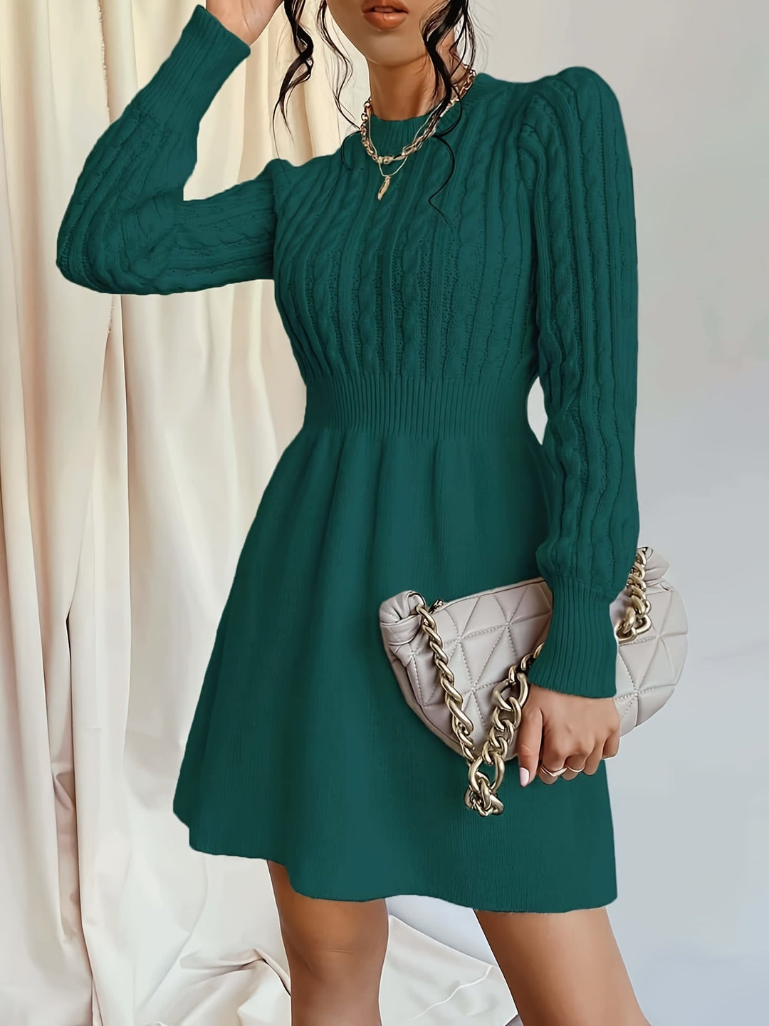 Damen Langarm Strickkleid mit Zopfmuster (7)