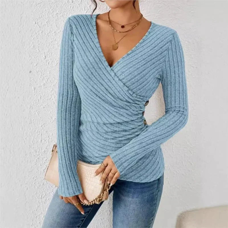 Damen Langarm Wickel-Top in Blau