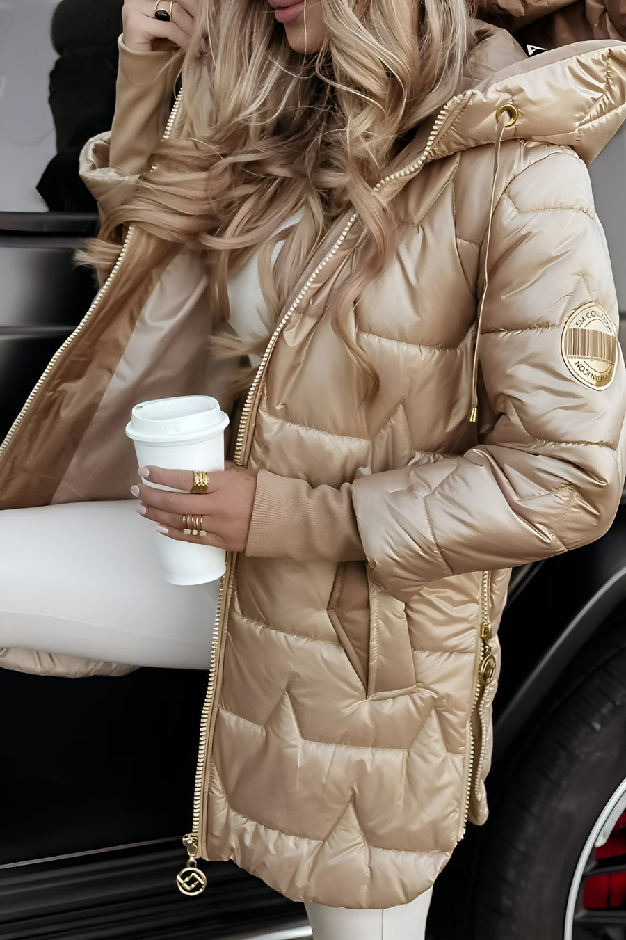 Damen lange gesteppte Pufferjacke mit Kapuze (2)