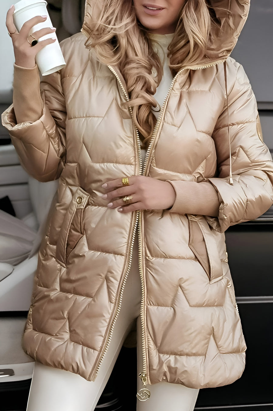 Damen lange gesteppte Pufferjacke mit Kapuze (3)