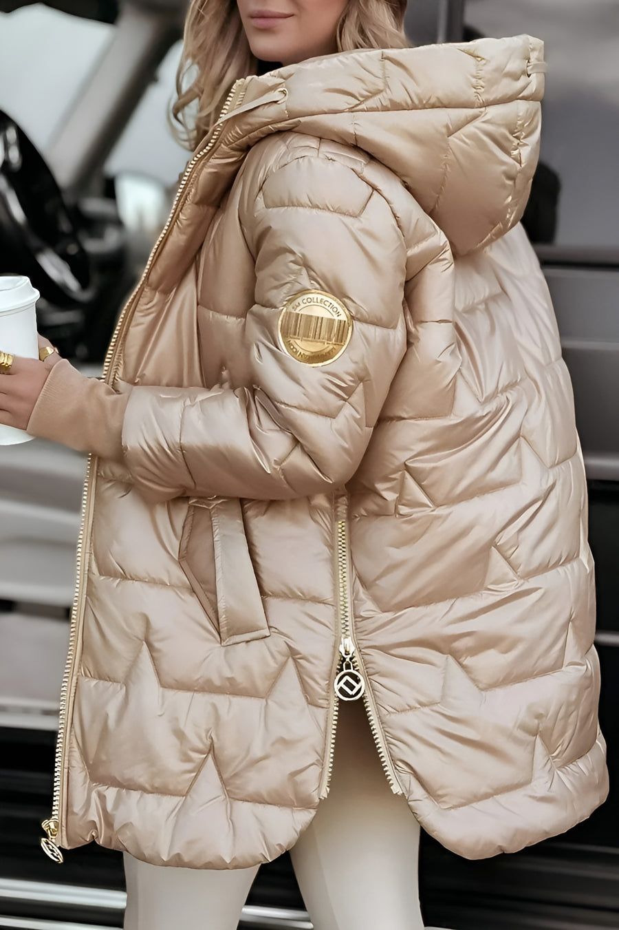 Damen lange gesteppte Pufferjacke mit Kapuze (4)