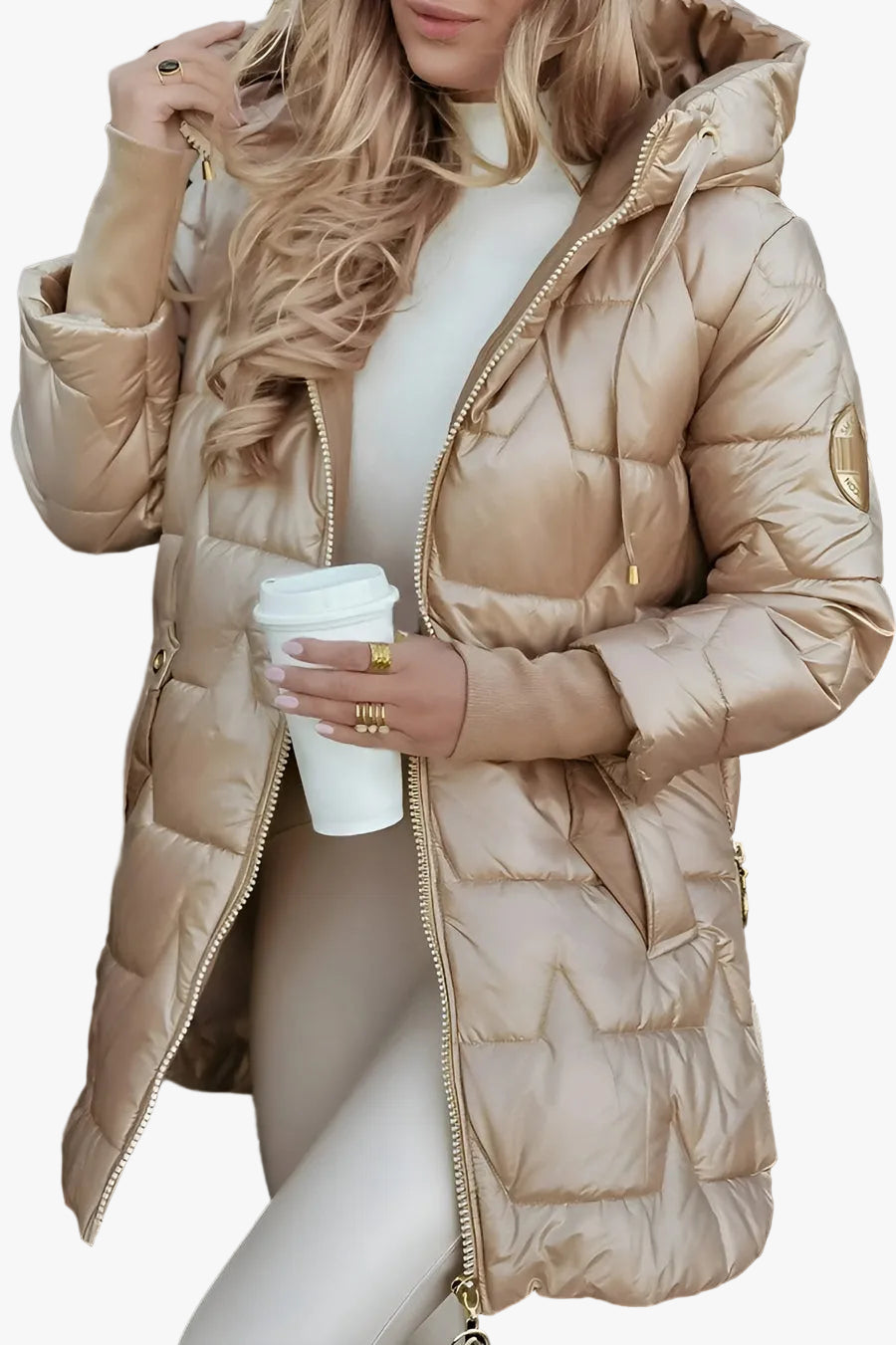 Damen lange gesteppte Pufferjacke mit Kapuze in Beige