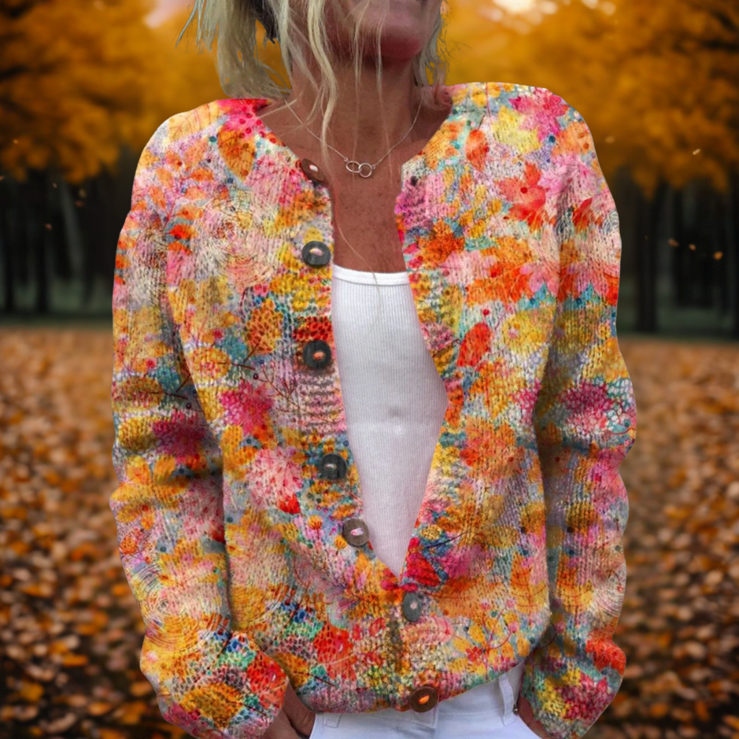 Damen Lange Strickjacke im Blumendruck für Herbst in Mehrfarbig