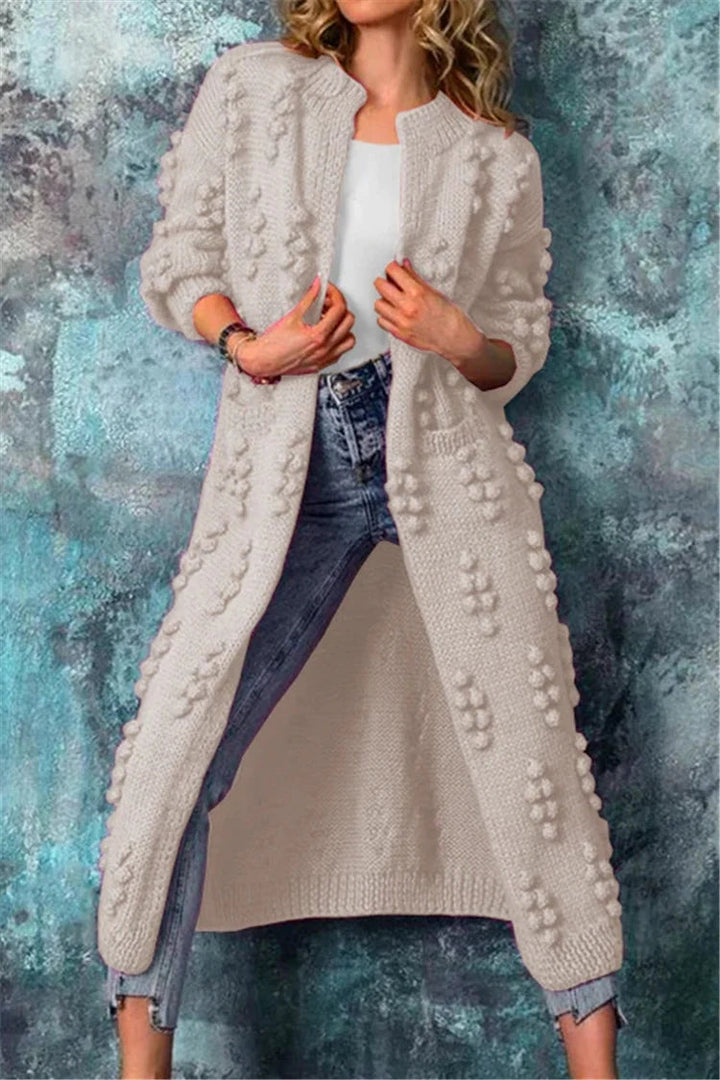 Damen lange Strickjacke mit Pompon Details in Beige