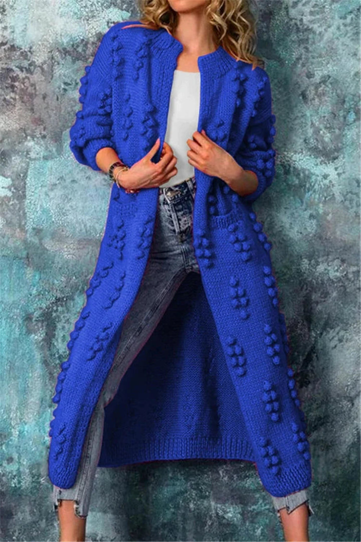 Damen lange Strickjacke mit Pompon Details in Blau