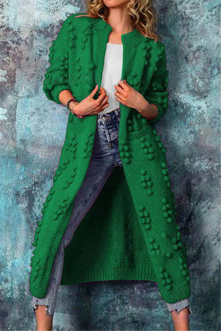 Damen lange Strickjacke mit Pompon Details in Grün