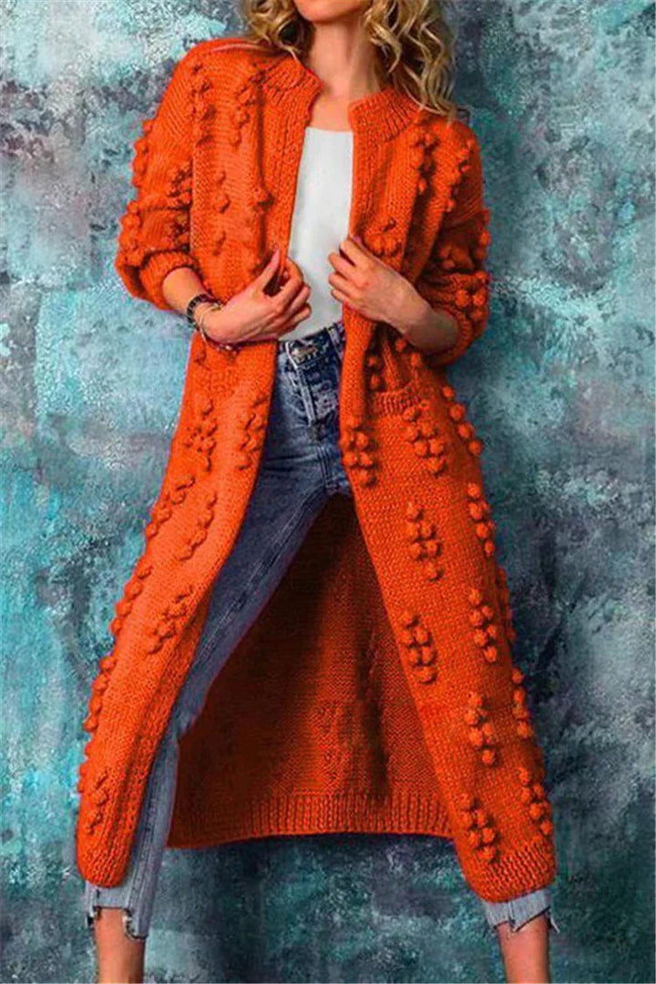 Damen lange Strickjacke mit Pompon Details in Orange