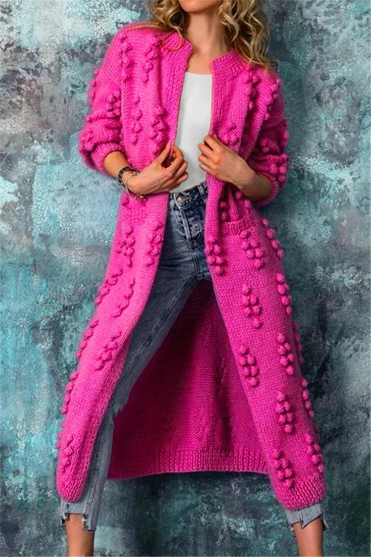 Damen lange Strickjacke mit Pompon Details in Rosa
