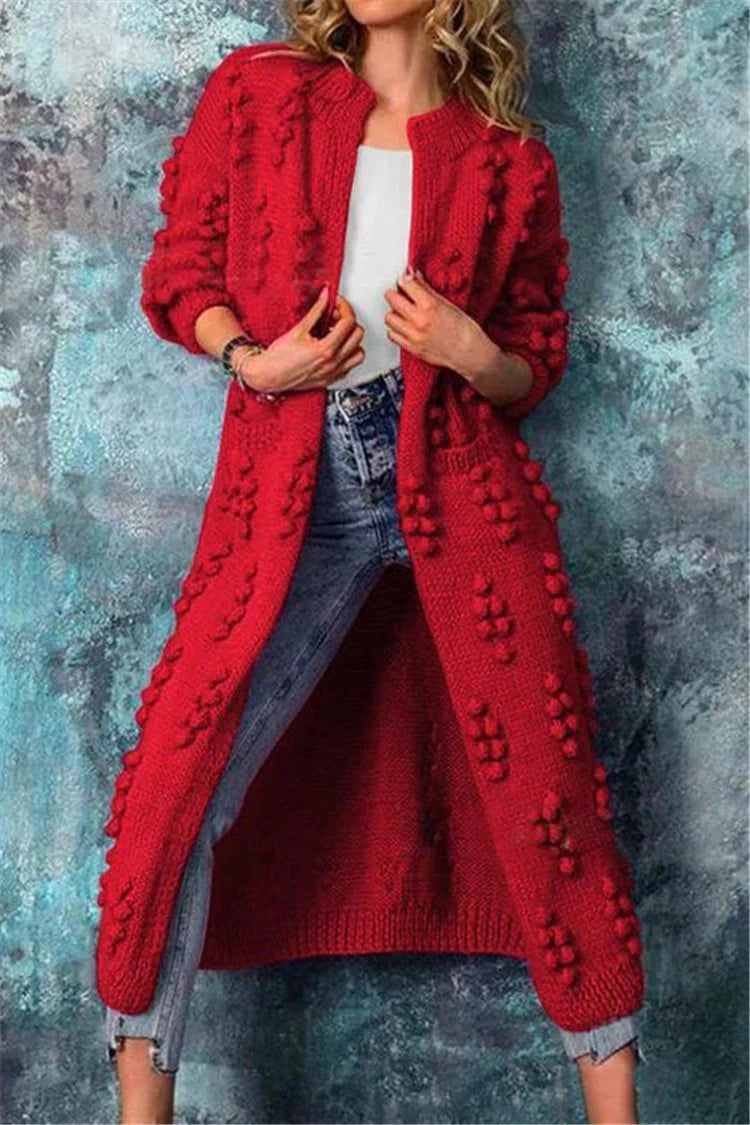 Damen lange Strickjacke mit Pompon Details in Rot