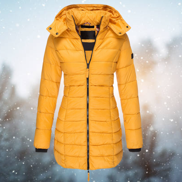 Damen Lange Winterjacke mit Kapuze in Gelb