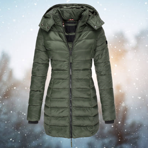 Damen Lange Winterjacke mit Kapuze in Grün