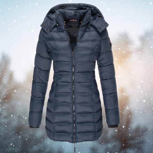 Damen Lange Winterjacke mit Kapuze in Marineblau