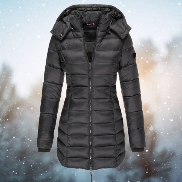 Damen Lange Winterjacke mit Kapuze in Schwarz