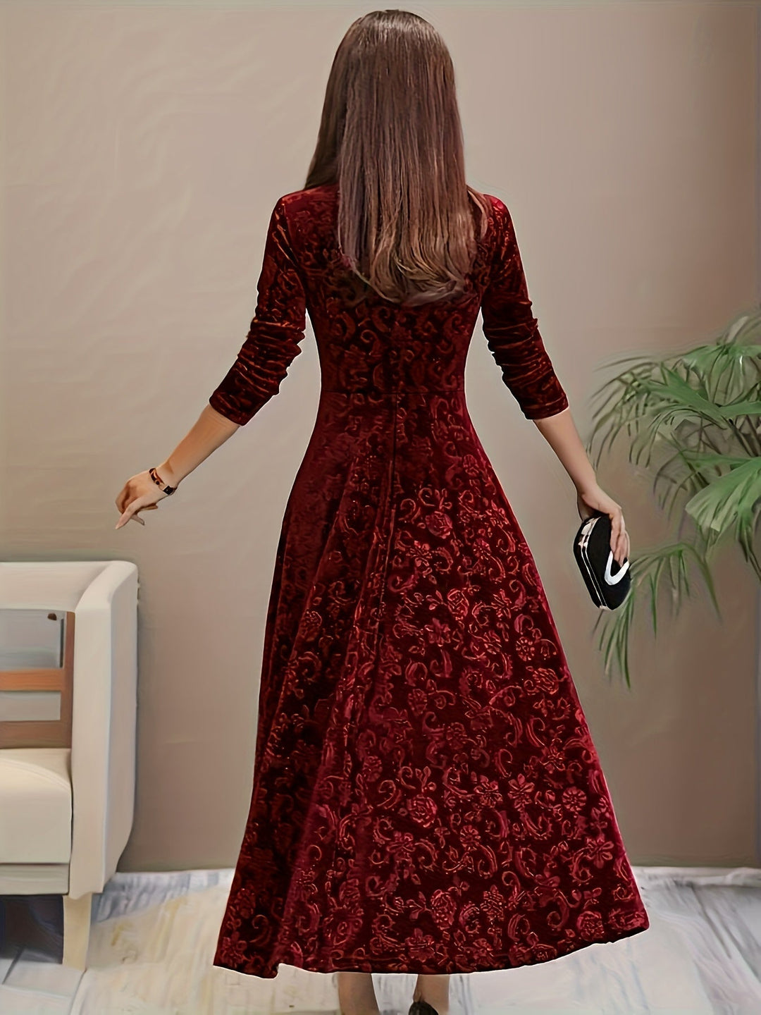 Damen Langes Abendkleid Blumenmuster Samt (10)