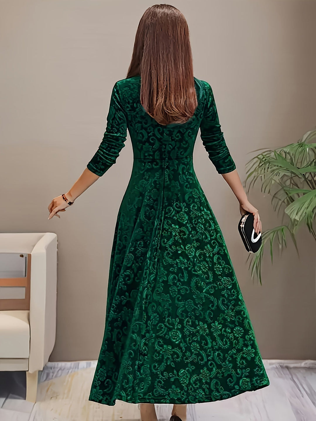Damen Langes Abendkleid Blumenmuster Samt (11)
