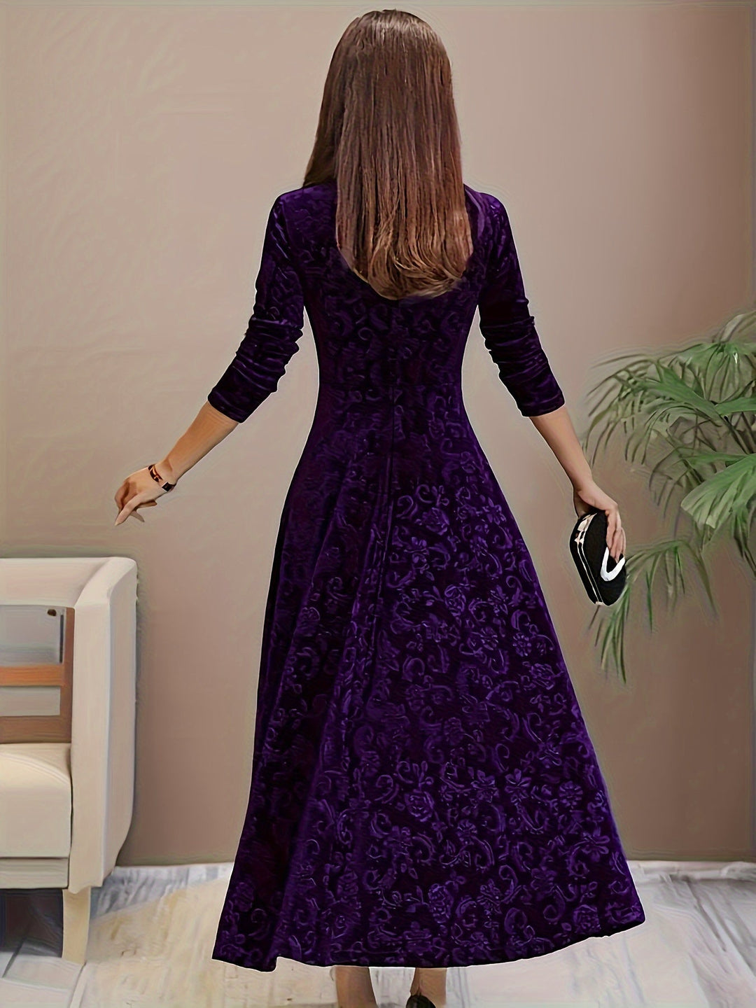 Damen Langes Abendkleid Blumenmuster Samt (7)