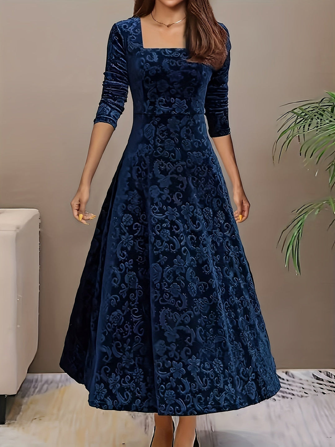 Damen Langes Abendkleid Blumenmuster Samt in Blau