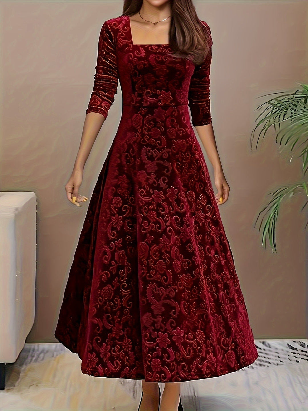 Damen Langes Abendkleid Blumenmuster Samt in Dunkelrot