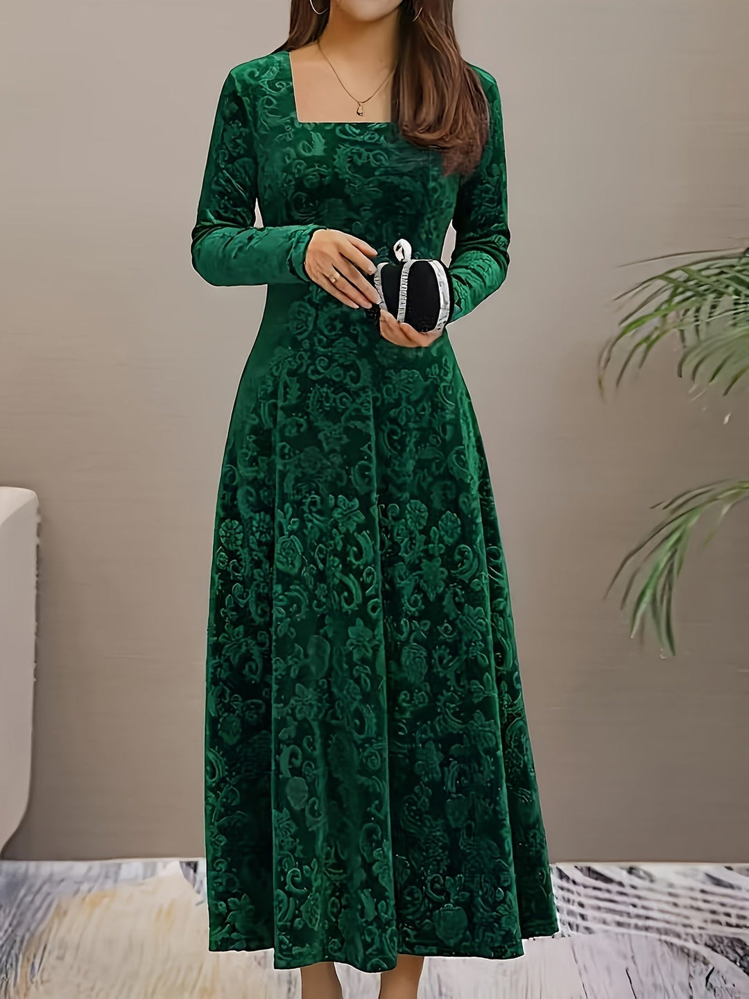 Damen Langes Abendkleid Blumenmuster Samt in Grün