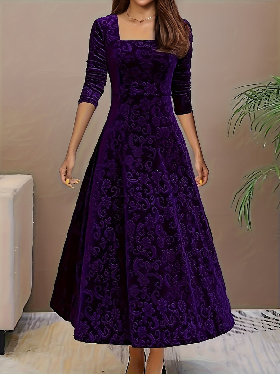 Damen Langes Abendkleid Blumenmuster Samt in Lila
