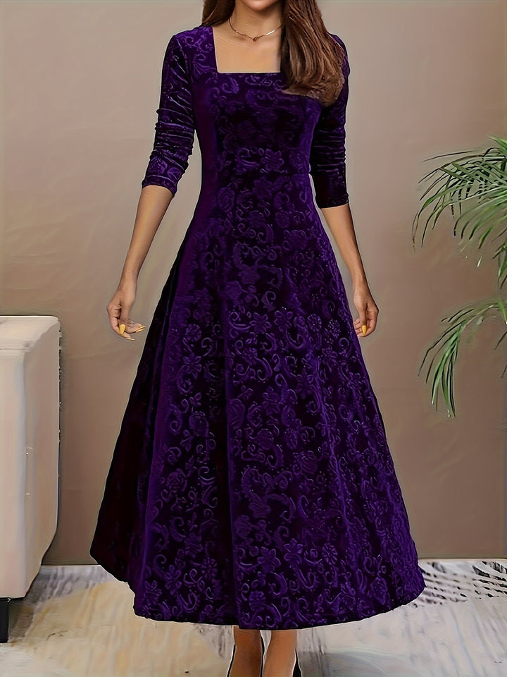 Damen Langes Abendkleid Blumenmuster Samt in Lila