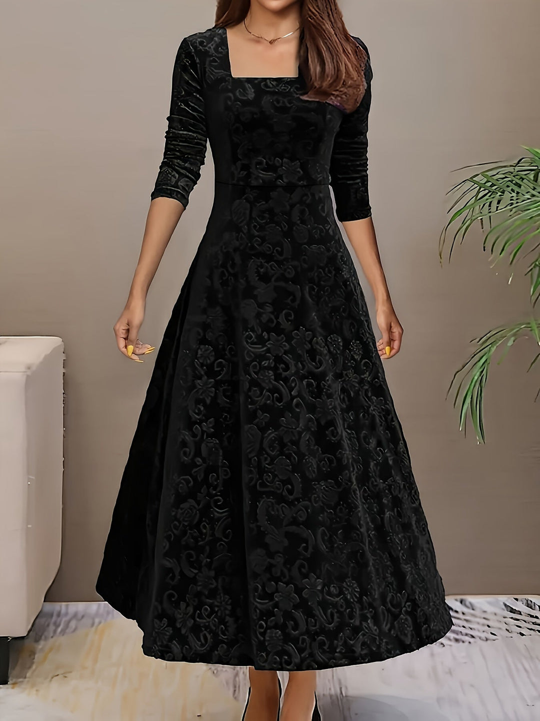 Damen Langes Abendkleid Blumenmuster Samt in Schwarz
