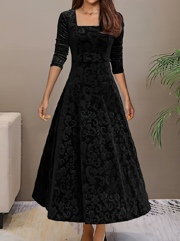 Damen Langes Abendkleid Blumenmuster Samt in Schwarz