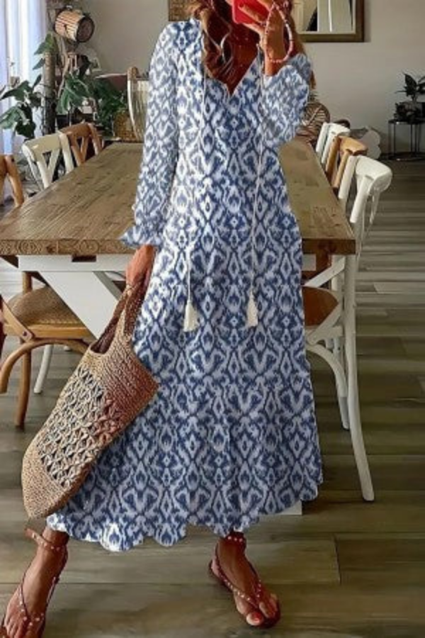 Damen langes Abendkleid im Boho-Stil für Hochzeitsgäste in Blau