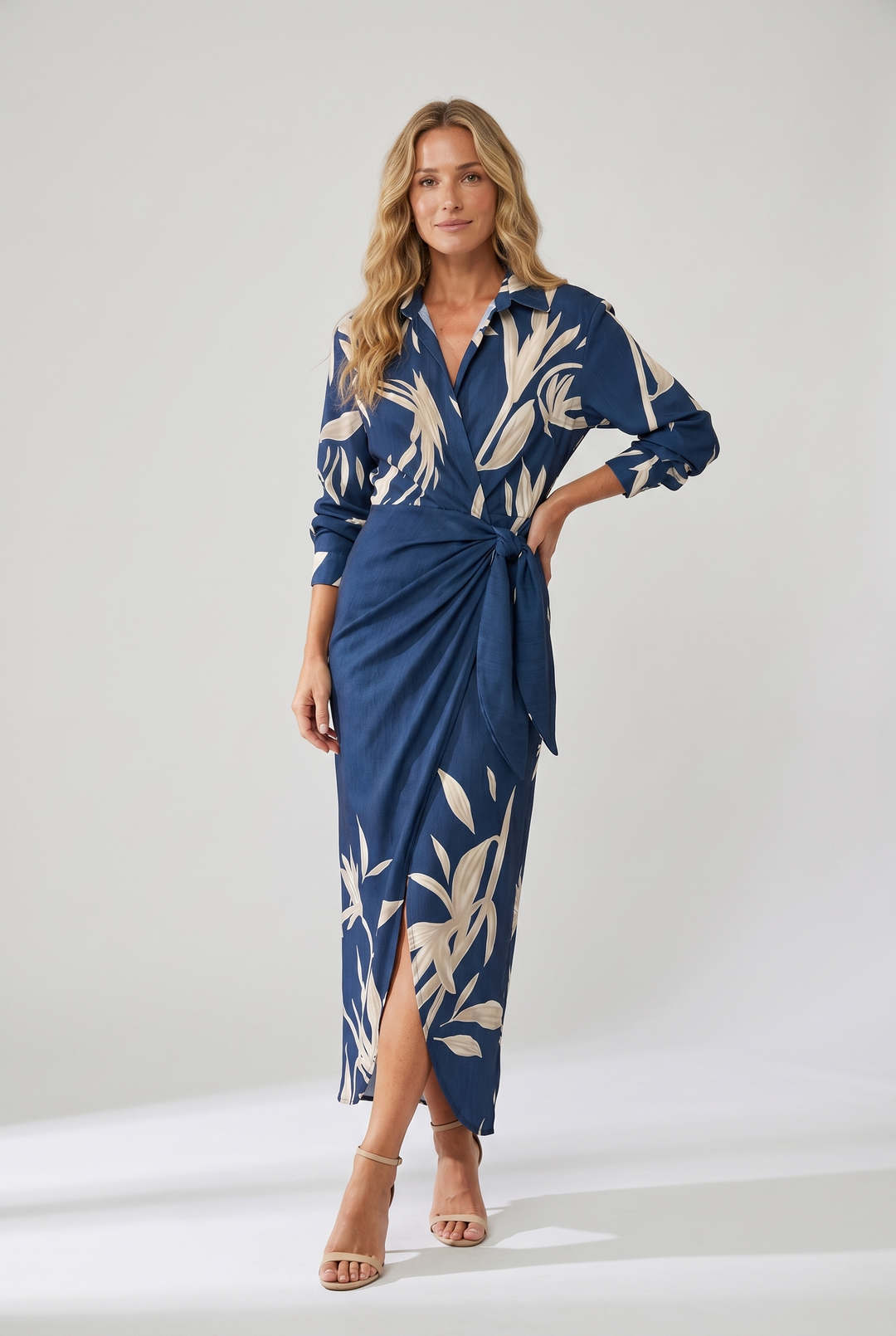Damen langes Abendkleid im Wickel-Stil mit Blattmuster (2)
