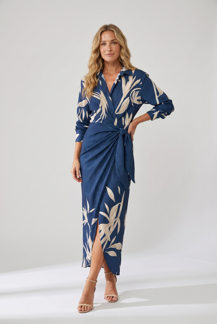 Damen langes Abendkleid im Wickel-Stil mit Blattmuster (2)